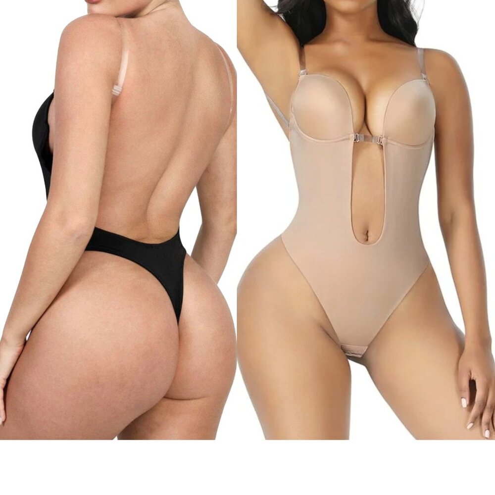 Backless Deep U Plunge Thong Bodysuit Built-in Invisible Bra Sculpting Shapewear